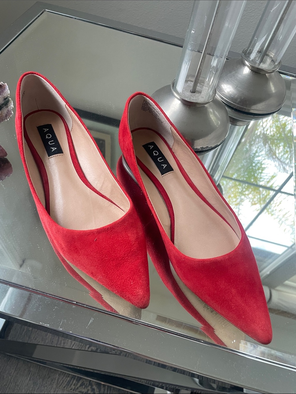 Aqua Red Suede Pointed Flats